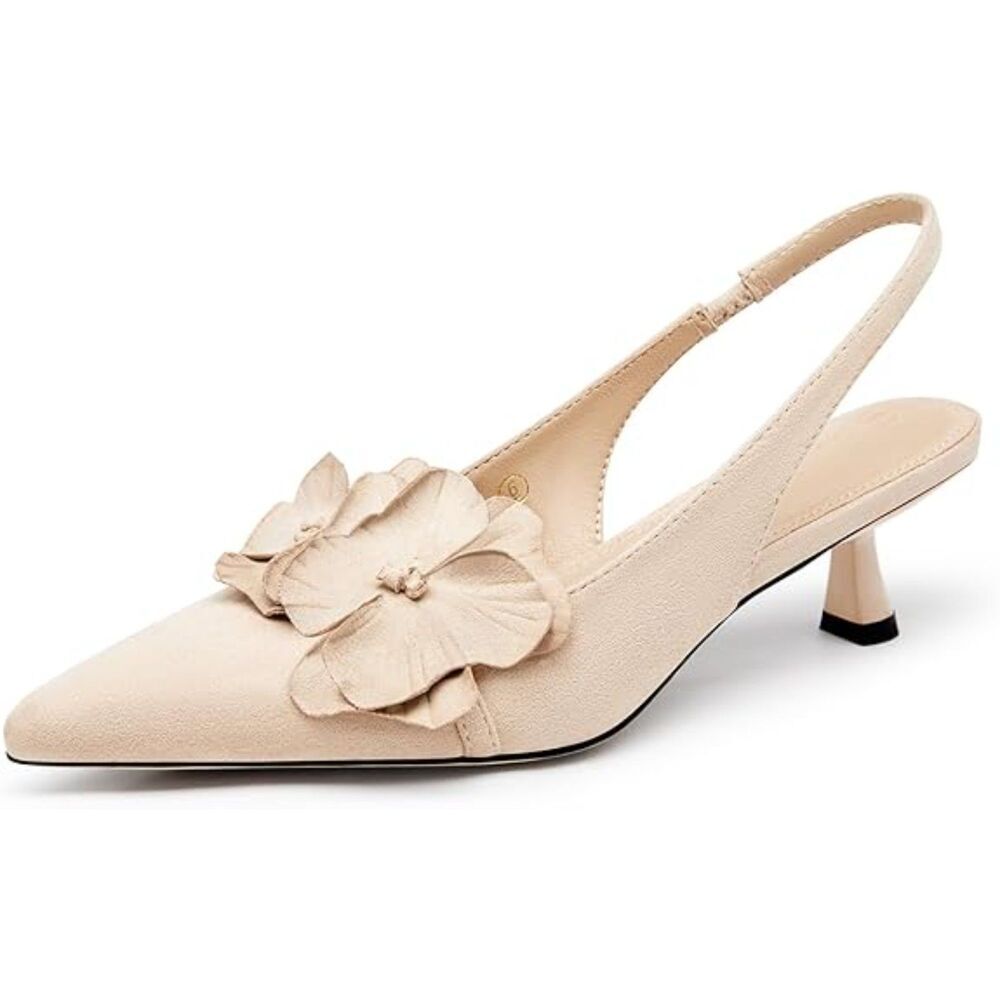 Womens Nude Flower Closed Pointed Toe Slingback Kitten Heel Wedding Pumps Shoes